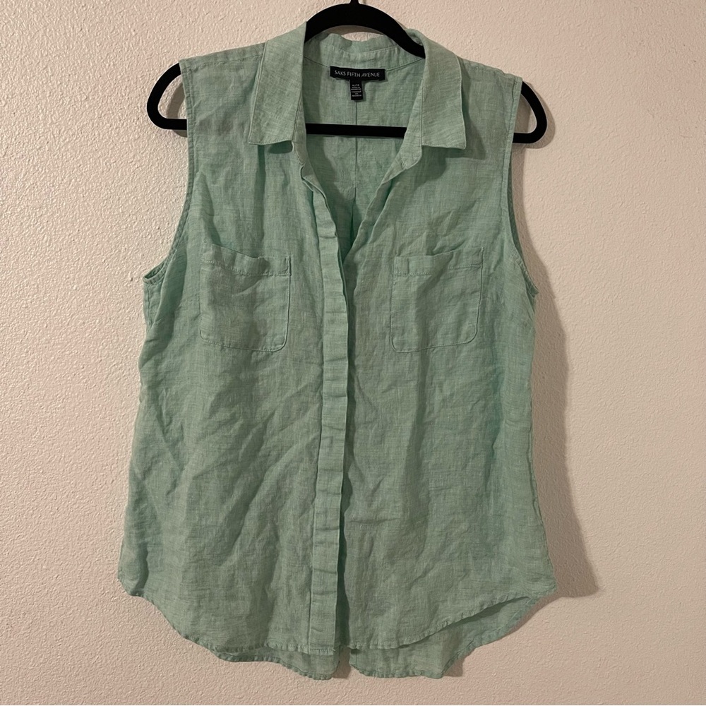 Saks Fifth Avenue Sleeveless Button-Down Linen Top in Mint Green